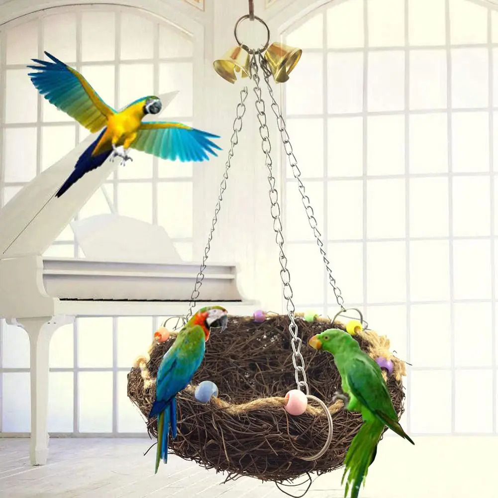 Parrot Bird Natural Rattan Nest Hanging Swing Cage Perch Toy Pet Supplies For Small Medium Large Birds