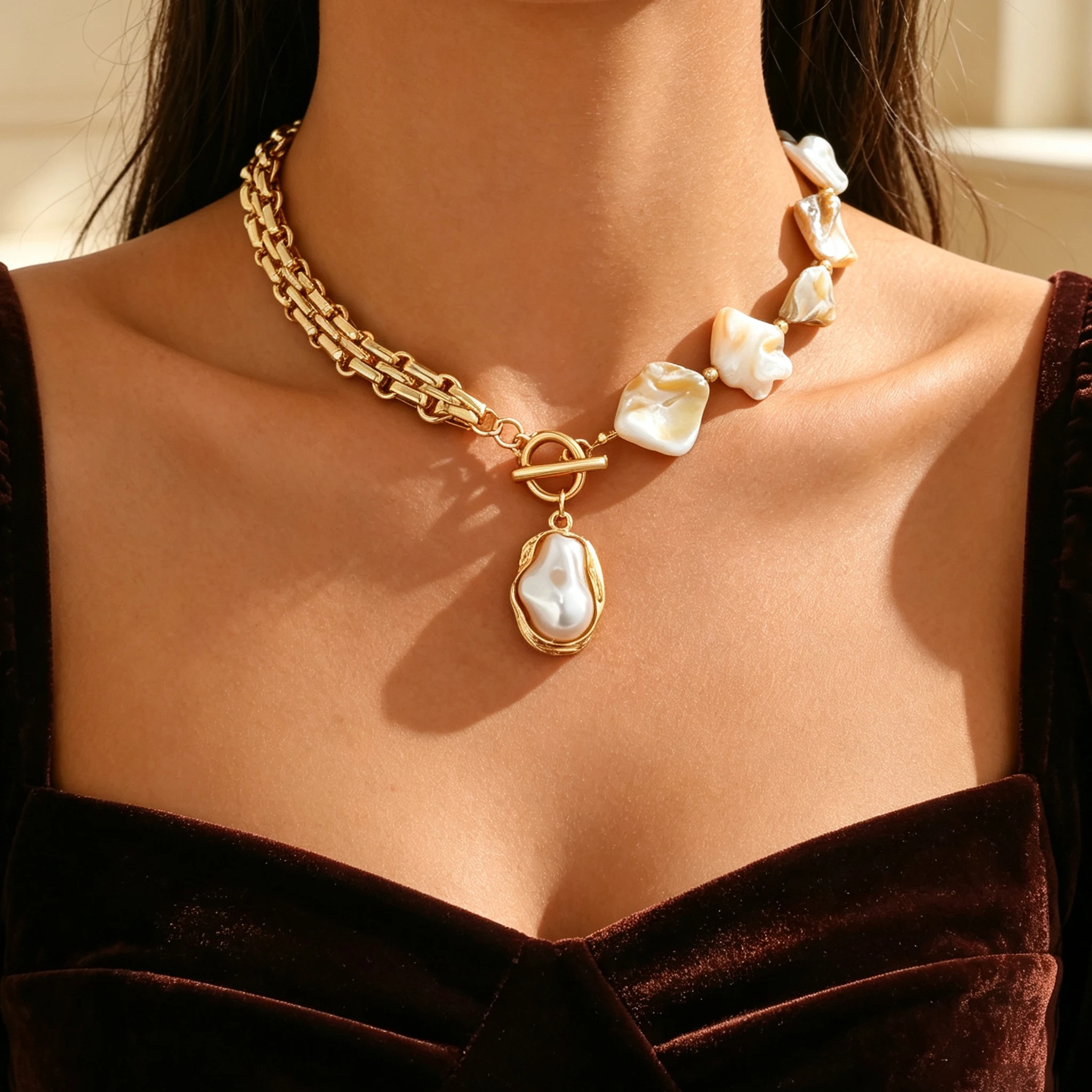 Vintage Boho Irregular Shell Beaded Faux Baroque Pearl Choker Necklace OT Toggle Clasp Chunky Gold Chain Women Daily Jewelry