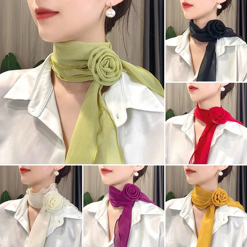 Solid Color Chiffon Scarf For Women Floral Scarf Shawl With Rose Decor Detachable Neck Guard Sunscreen Hijabs Head Neck Shawls