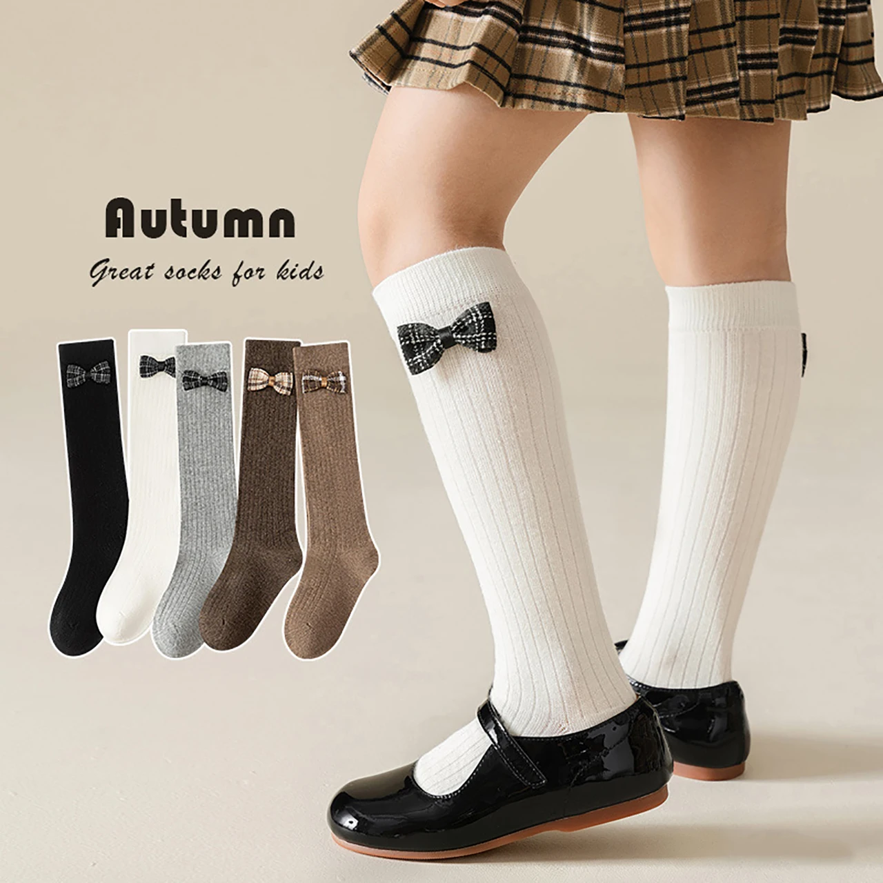 College-style Bow Long Stockings Lolita Baby Calf Socks Autumn Winter Children Knit Cotton Sock Kids Girl Knee-high Sock 6-8Year