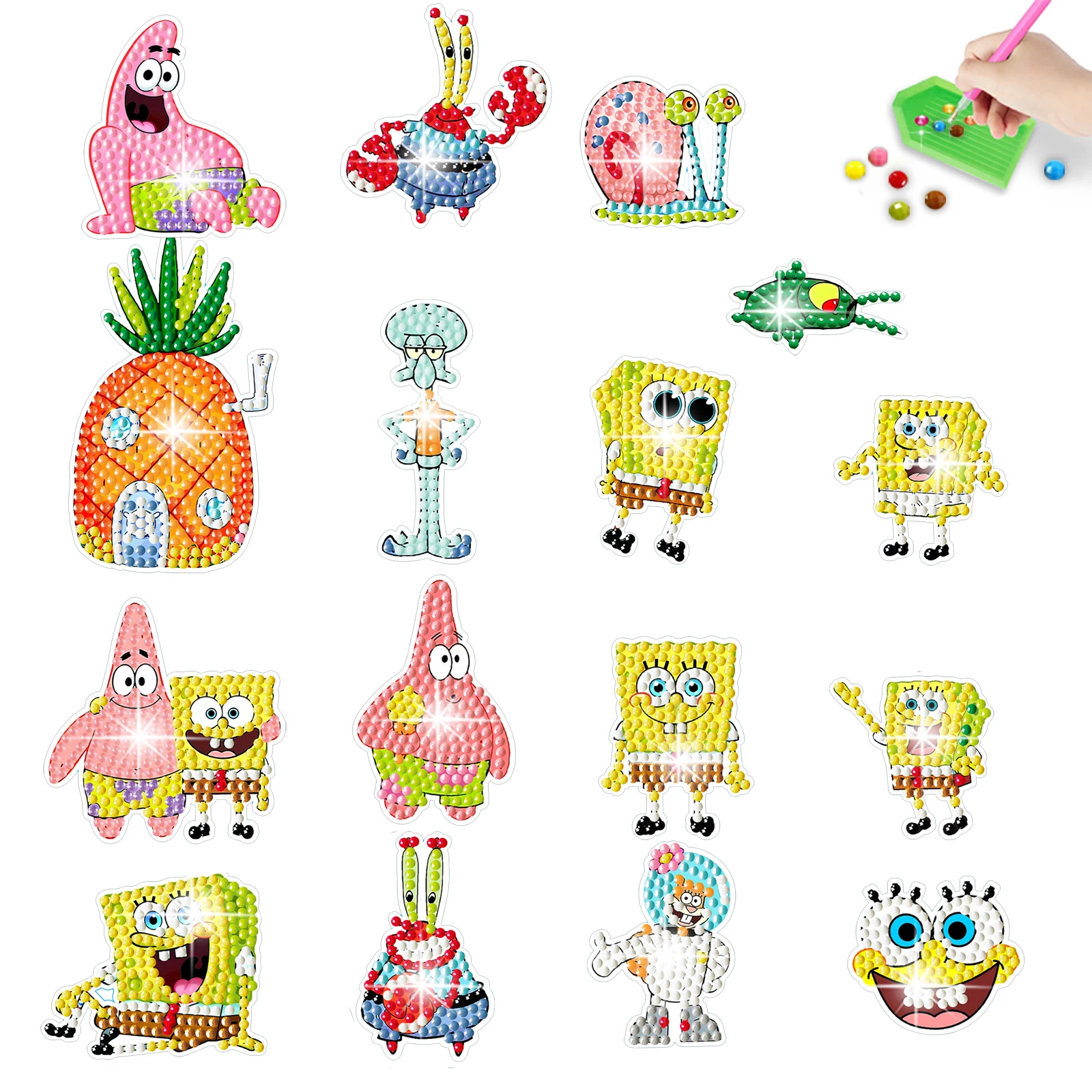 Kinder-Cartoon SpongeBob DIY Diamant-Malset - Handgefertigter Bohrstift mit Zufälligen Dekorationsaufklebern für Kreativen Spaß