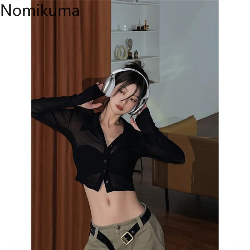 Nomikuma Blusas Mujer De Moda 2022 Flare Sleeve Hollow Out High Waist Gauze Chic Blouses Vintage Elegant Sexy Camisas E Blusas