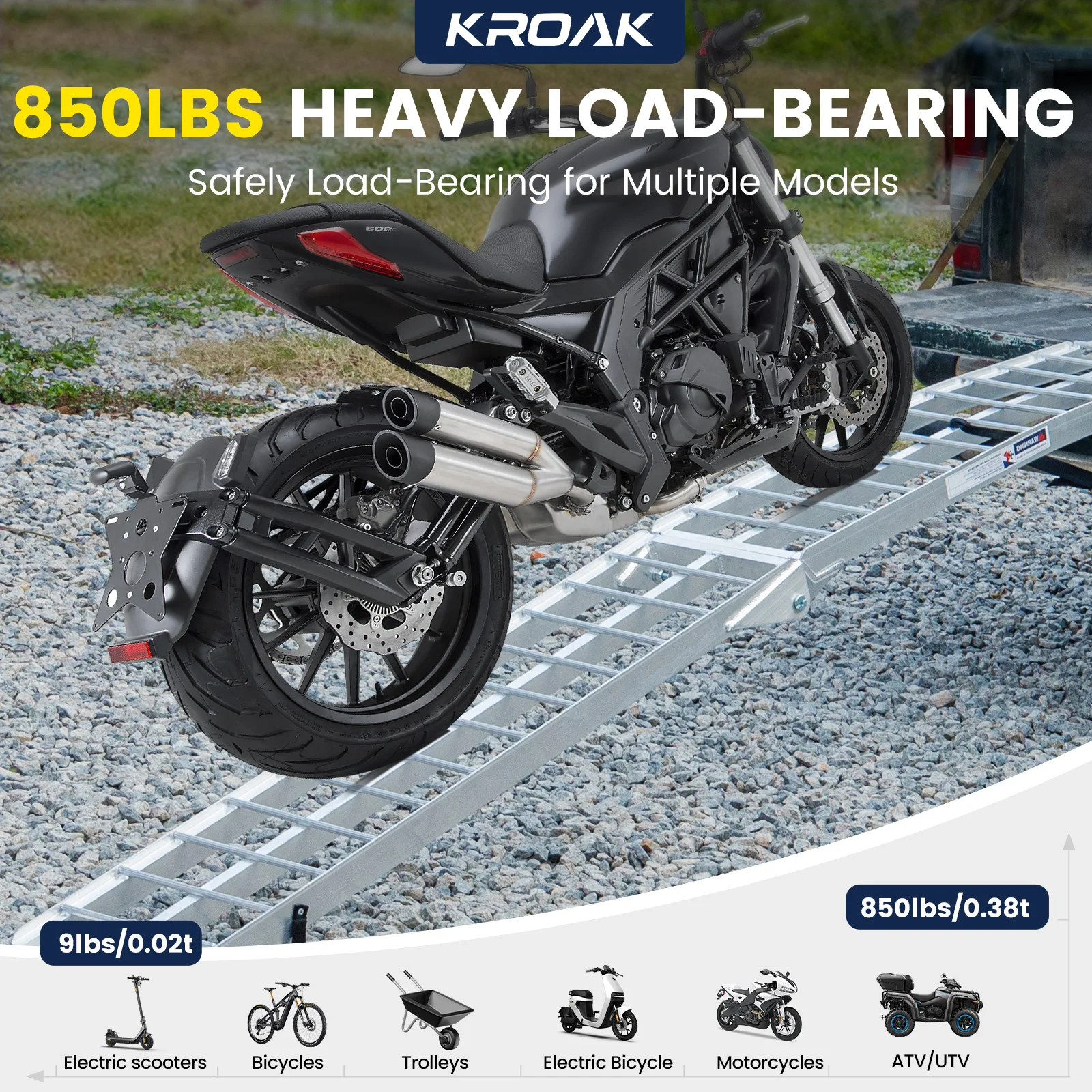 

Алюминиевые мотоциклетные пандусы объемом 850 фунтов, складные погрузочные пандусы длиной 7,5 футов для пикапов, прицепов, рампа с нагрузными ремнями для мотоциклов