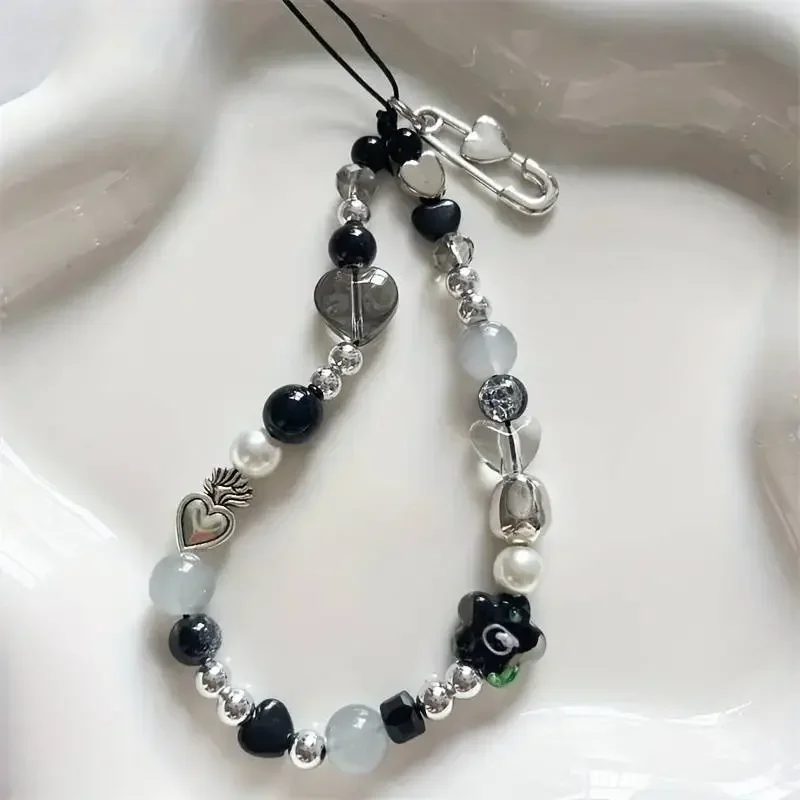 Heart Flower Bead Phone Charm Strap Korean Bracelet Pendant for Bag Camera Accessories Hanging Rope Girl Jewelry