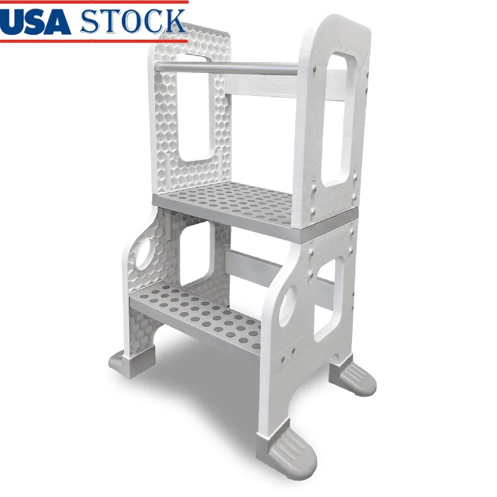 

2-in-1 Kitchen Stool Kids Ages 1-3 Learning Tower with Safety Bar Anti-Slip Dots Easy Assembly Weight Capacity 100lbs