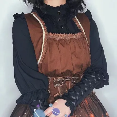 Harajuku Лолита, белые рубашки с оборками, женские модные милые кружевные блузки с воротником-стойкой, Blusas Mujer с длинными рукавами