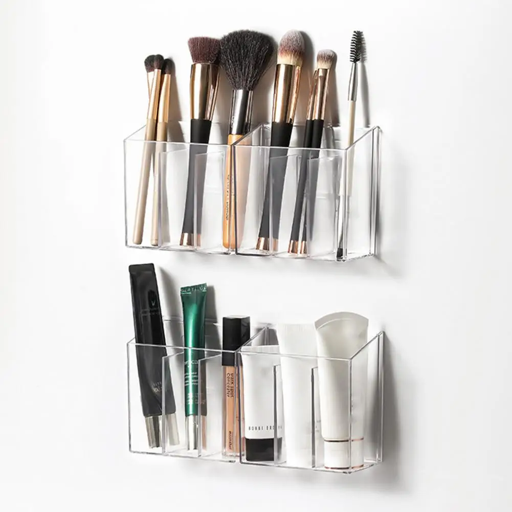 Visible Item Organizer Makeup Brush Holder Wall Mounted Storage Box with Adhesive Hooks Compartmented Cosmetic for Bathroom