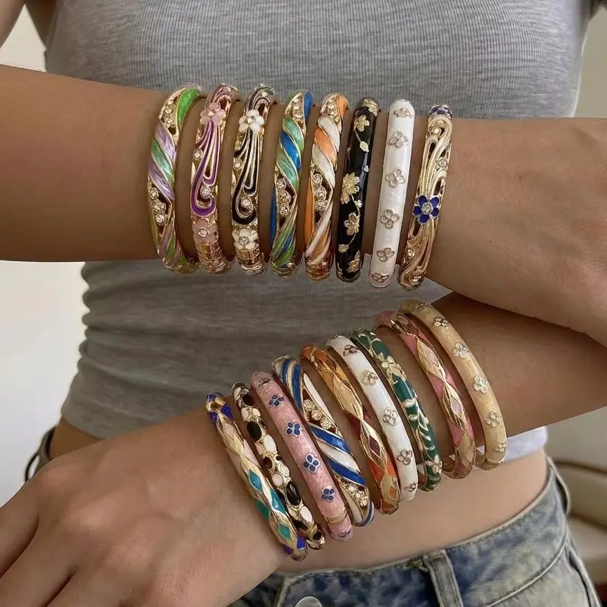 Vintage Drip Oil Line Colorful Flower Embedded Diamond Women's Bohemian Versatile Bracelet Jewelry Gift for Girlfriend