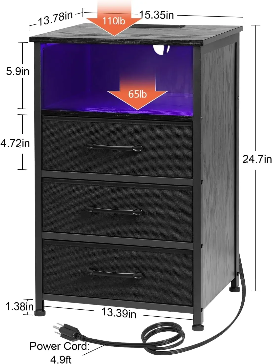 Night Stand Set 2, LED Nightstand with Charging Station, End Tables with 3 Fabric Drawers, Bedside Table with USB Type C P