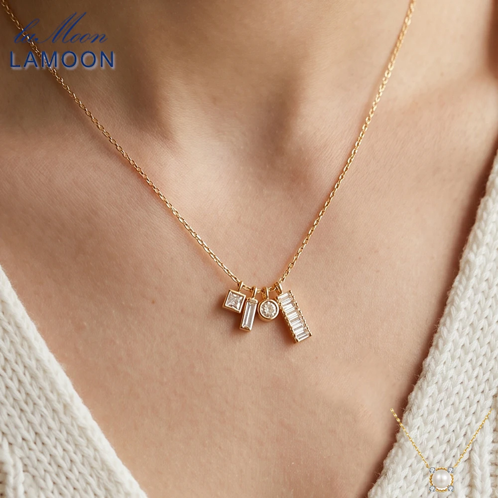 LAMOON Vintage Geometric Multi Pendant Collarbone Chain 925 Sterling Silver Gold Plated For Women Cubic Zircon Necklace Jewelry