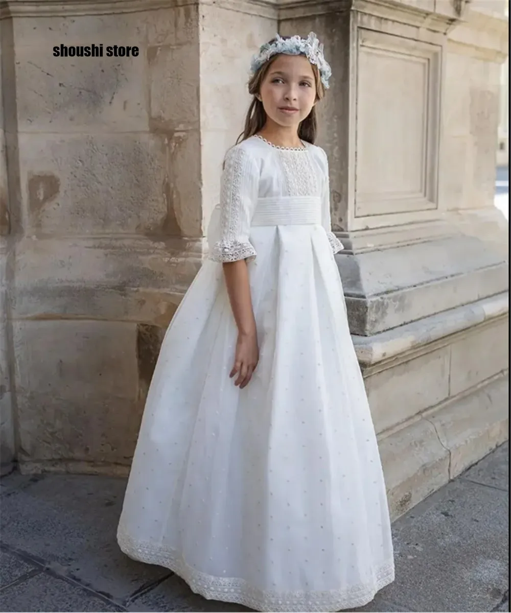 

White Flower Girl Dress Vintage Princess Lace Ribbon Belt A Line Gown Wedding Party Evening Birthday Dress First Communion Gown