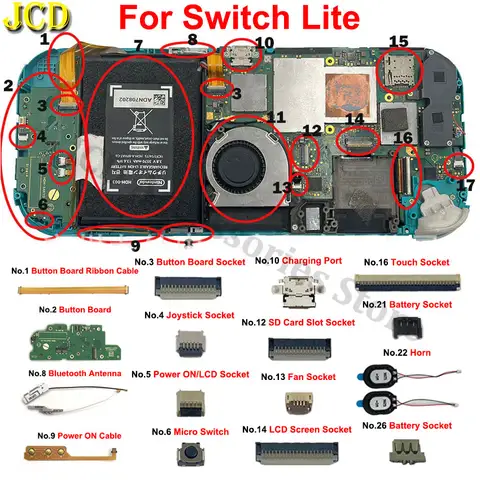 Placa base, puerto de carga, Cable de cinta, ranura para tarjeta SD, enchufe de batería, Joystick, pantalla LCD táctil, conector FPC para Switch Lite