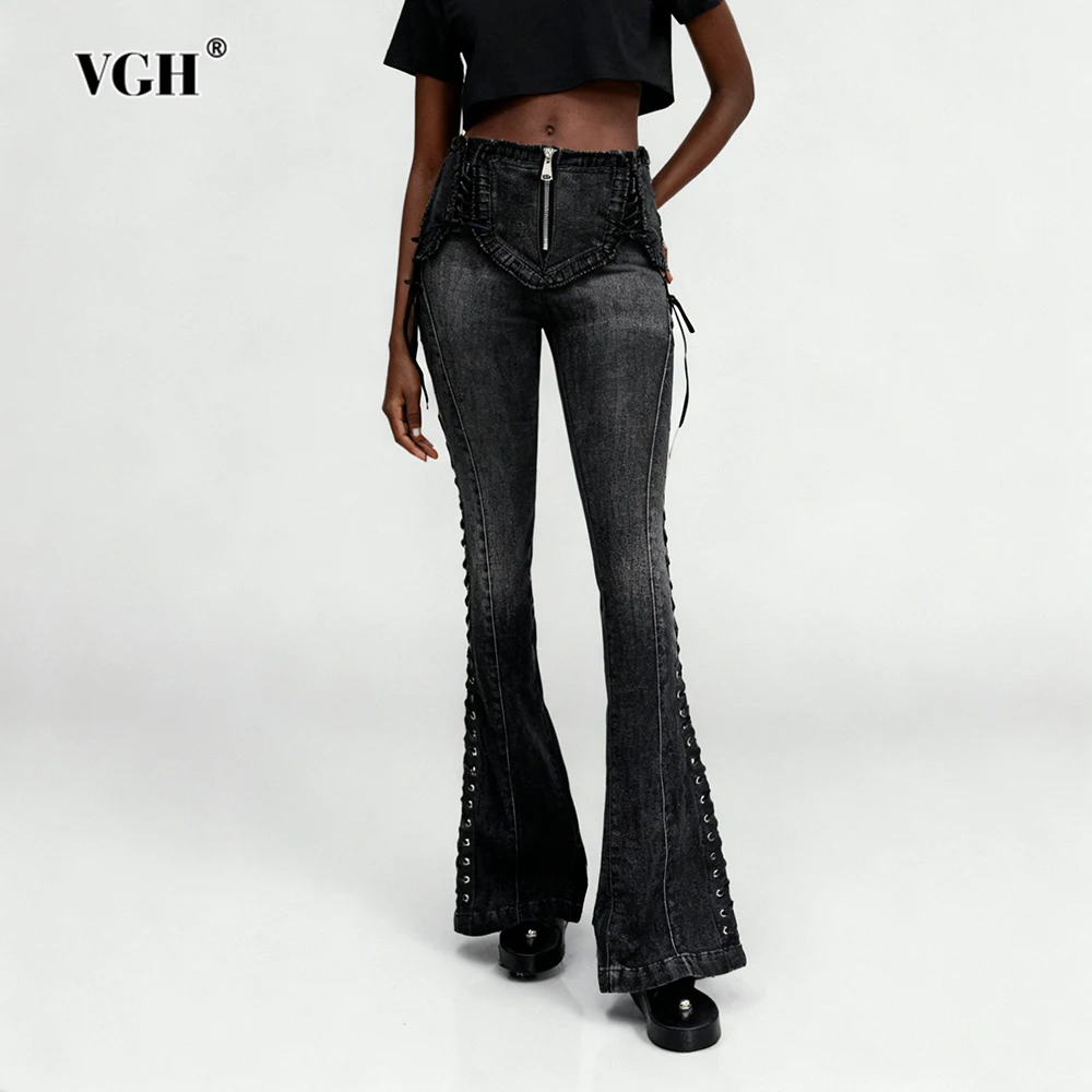 

VGH однотонные повседневные джинсовые брюки на шнуровке для женщин с высокой талией на молнии, осенние утягивающие джинсы с дизайном, женская мода, новинка