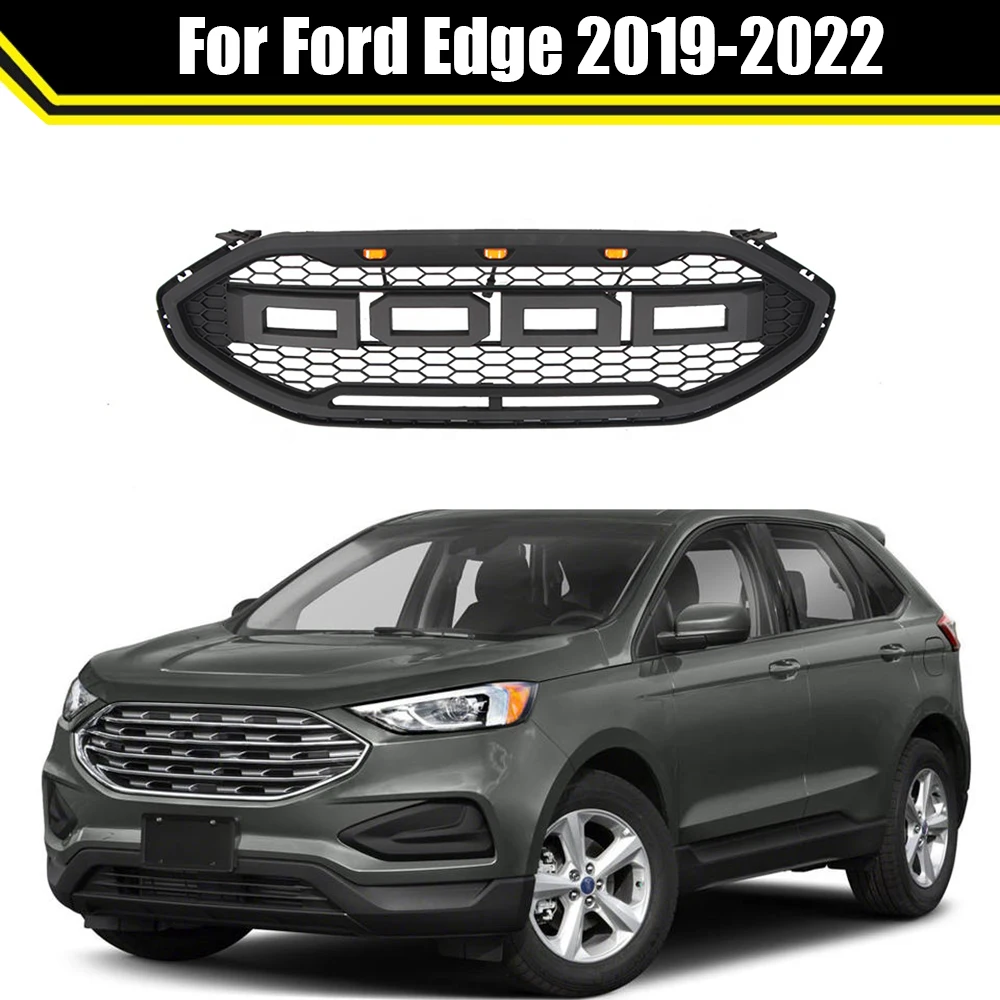 Front Middle Racing Grille For Ford Edge 2019 2020 2021 2022 Honeycomb Amber LED Lights Grills Grid Mesh Style Bumper Mask Cover