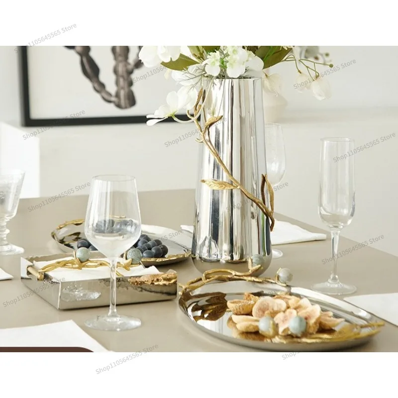 For Flower Branch Handle, Hammer Patterned Tray, Imported Gold Branch Handle, Silver Oval Long Tray, Kettle