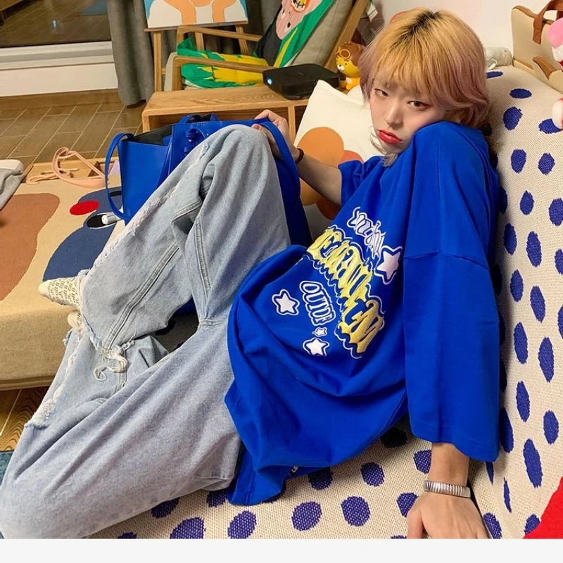

High Street Printing Letter T Shirts Women Clothing Summer New Trend Short Sleeve Loose Plus Size Casual Tops Fashion Korean