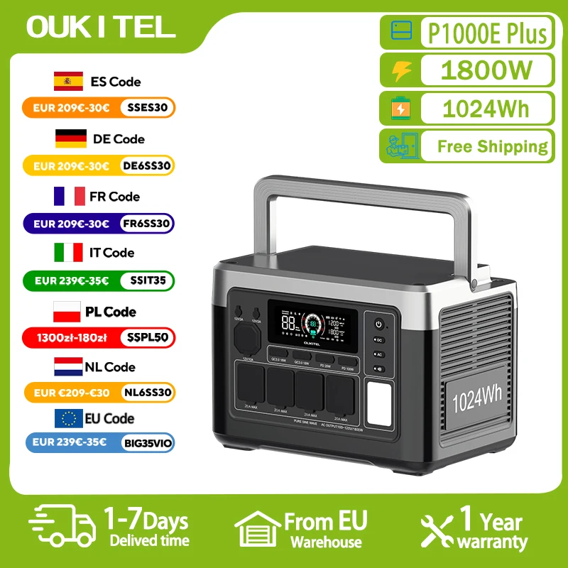 Station d'alimentation portable OUKITEL P1000 PLUS 1800W, générateur solaire 1024Wh, batterie Lifepo4, alimentation de secours à domicile, camping en plein air, alimentation mobile