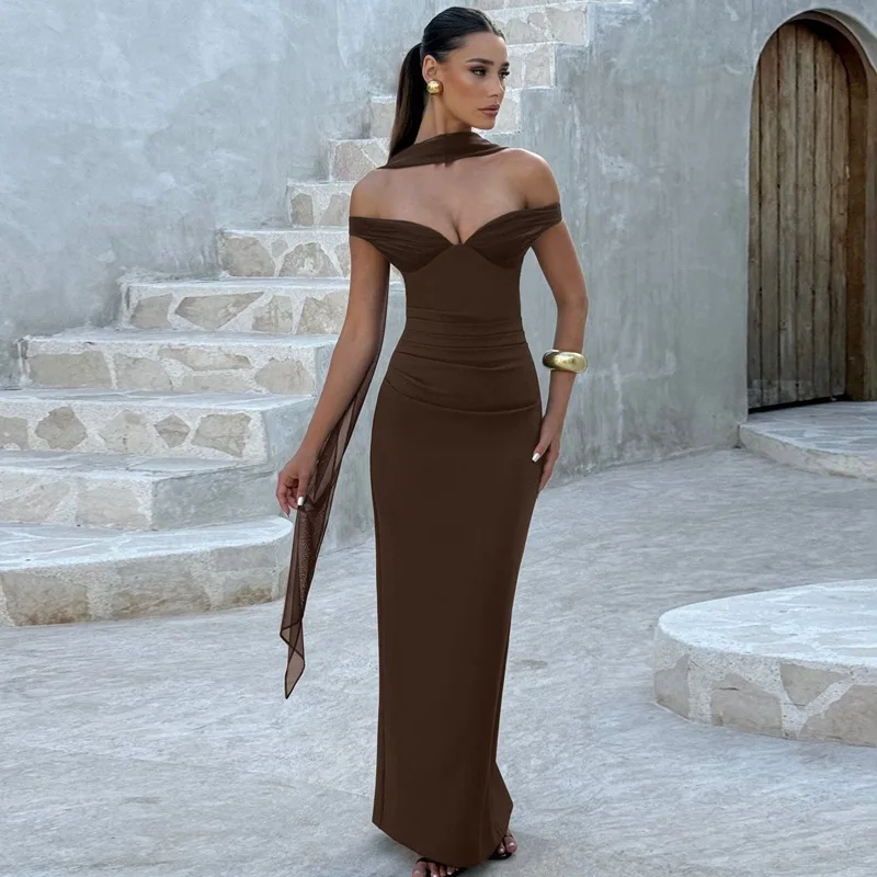 

Tornova Backless Slit Ccarf Collar Dress For Women Sexy Plunge Elegant Evening Party Long Dress Strapless Female Summer Dress