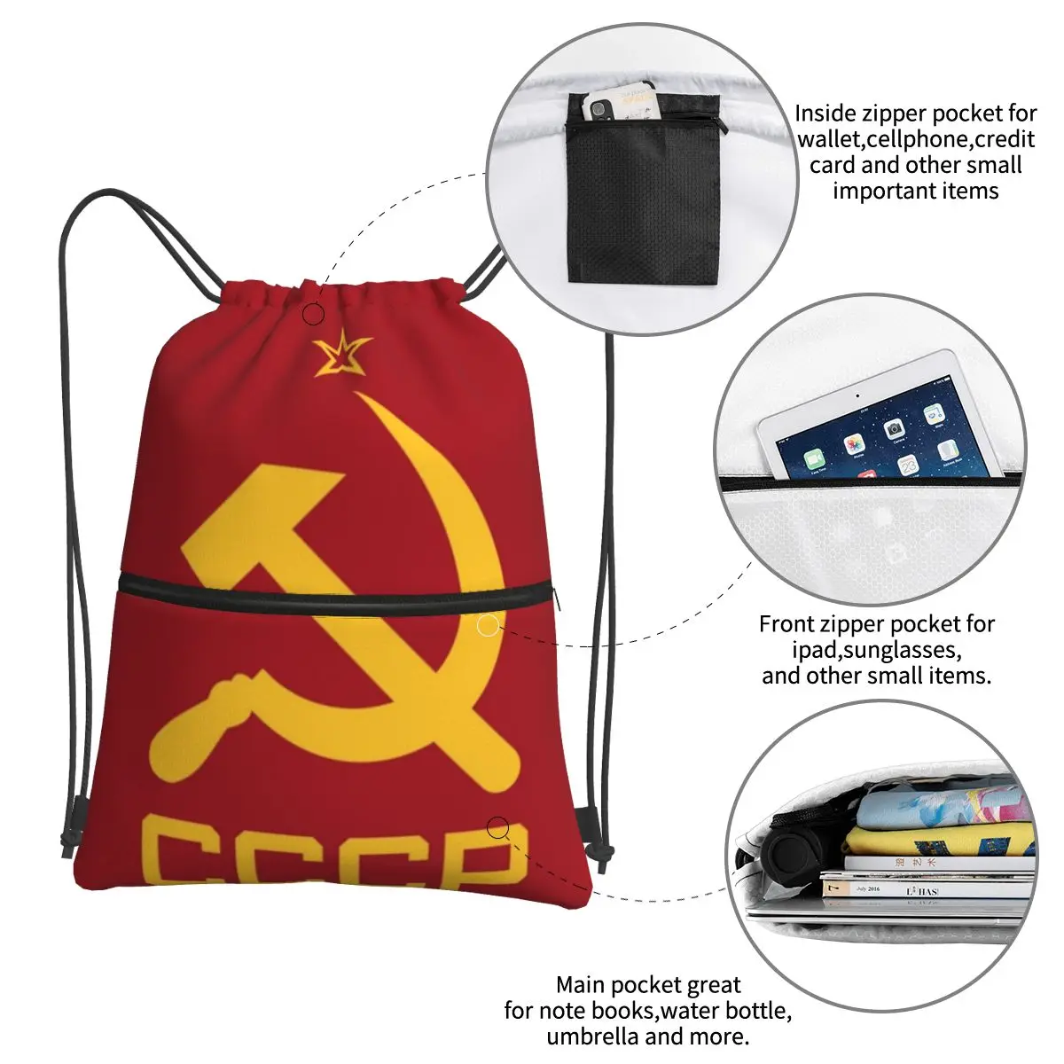 Mochilas portáteis com pacote de cordão, sacos diversos de bolso para viagens esportivas, CCCP Star-União Soviética, soviético, mulheres, homem