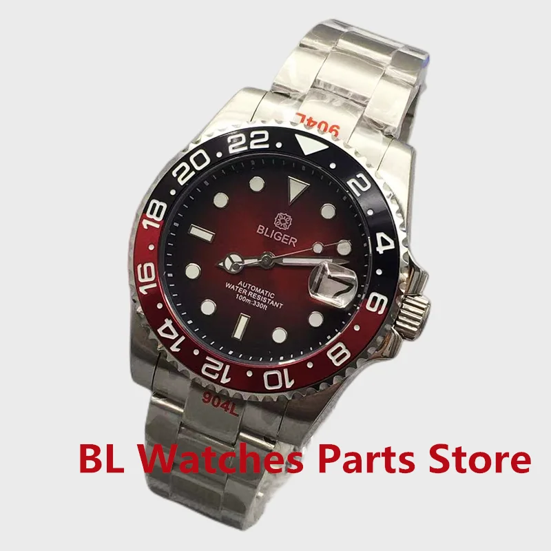 BLIGER New Men Watch 40mm Diver NH35 Automatic Mechanical Wristwatch Luminous Black&Red Ceramic Bezel Sapphire Glass Waterproof