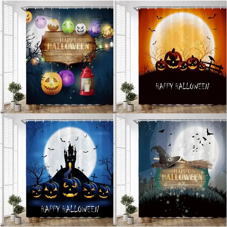 Halloween Shower Curtains Evil Pumpkin Lantern Night Bat Orange Moon Holiday Themed Bathroom Decor Polyester Fabric Curtain Set