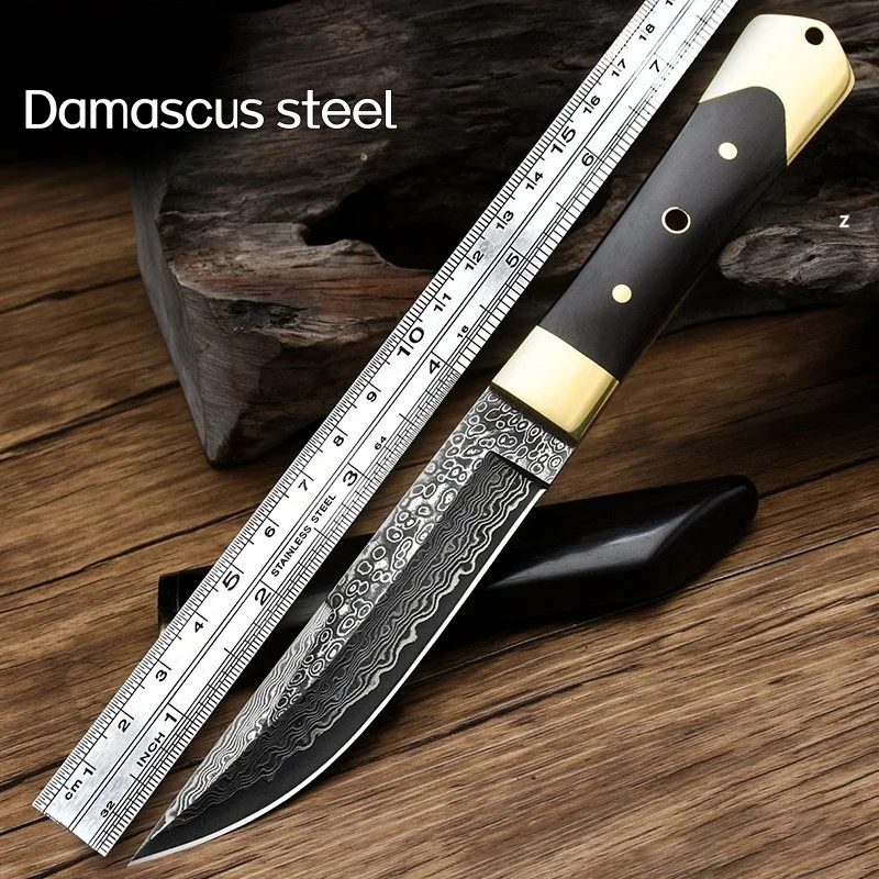 

Нож для выживания в дикой природе, прямой нож из дамасской стали, портативный ручной тактический нож с ручкой из черного дерева для улицы