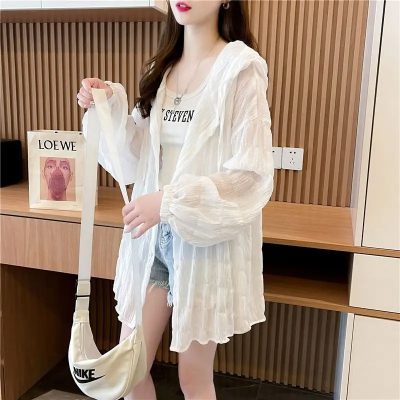 Summer Hooded Jacket Sweatshirt Women Sun Protection Clothing Korean Fashion Single Breasted Sunscreen Thin Loose Casual Coat