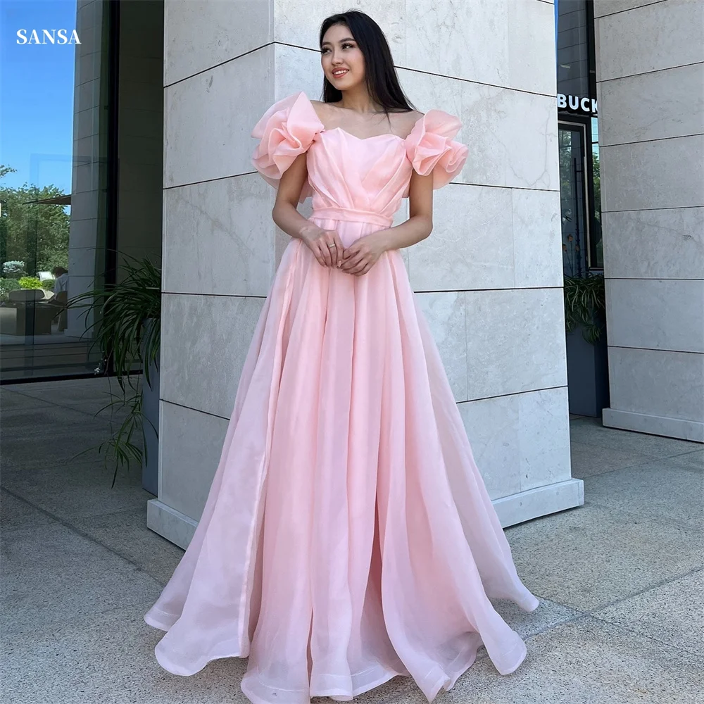 Sansa Baby Pink Organza A-line Prom Dresses Short Sleeves vestidos de noche Elegant Floor-length Pleats Formal Evening 2024