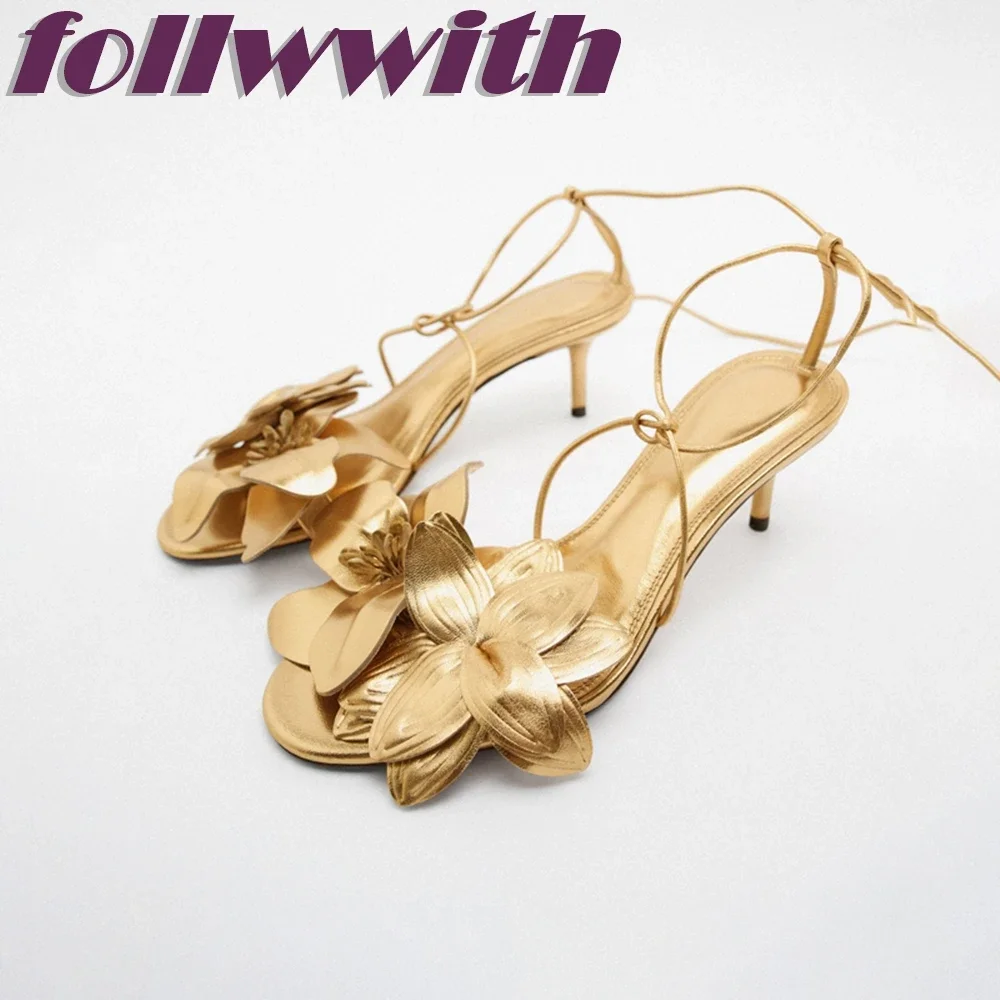 Ladies Solid Red Flowers Lace Up Unique Sexy Sandals Cross Tied Stiletto Heel Party 2025  New Arrival Summer Woman Shoes