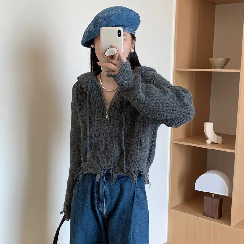 Y2K Half Zipper Hooded Pullovers Women Vintage Hand Frayed Sweater Pullovers Spring Autumn Harajuku Loose Cropped Hoodies Woman