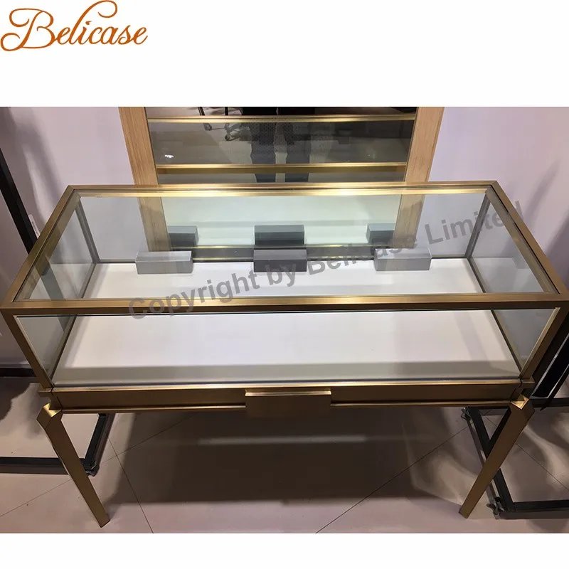 Custom, high end jewellery shop furniture gold stainless steel jewellers display counter jewelry showcase for sale