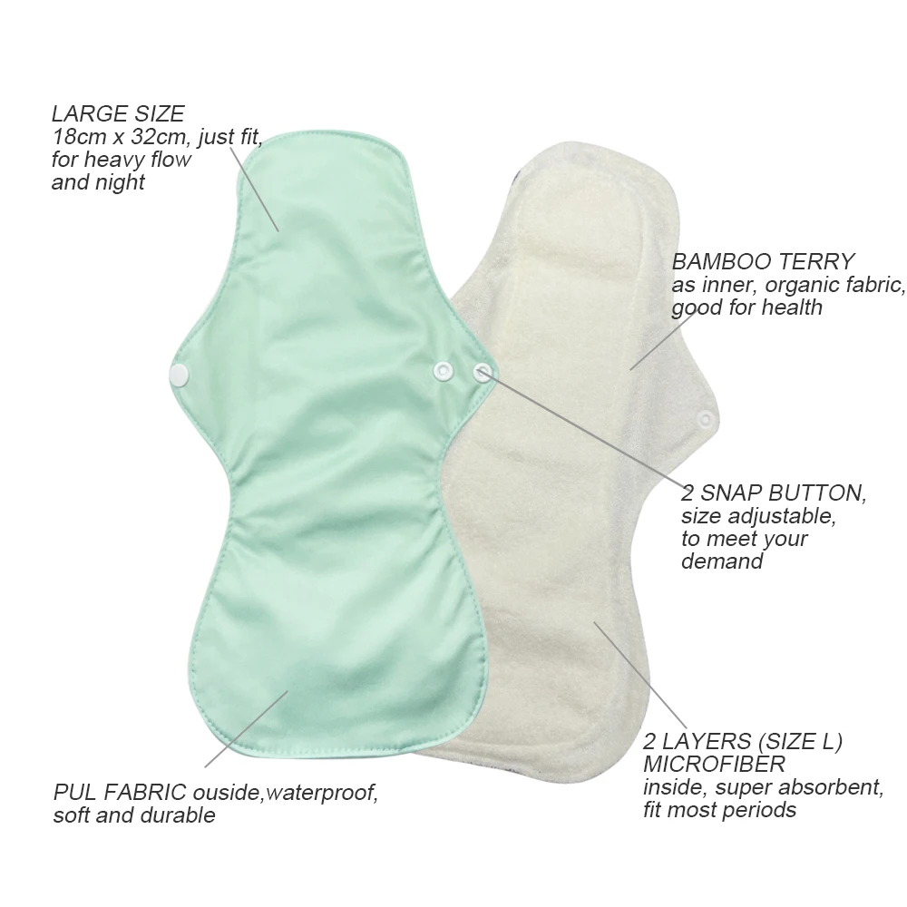 Bamboo Reusable Menstrual Pads,Overnight Heavy Flow Super Absorbent Thick Cloth Sanitary Napkins, Feminine Pads  Eco‑Friendly
