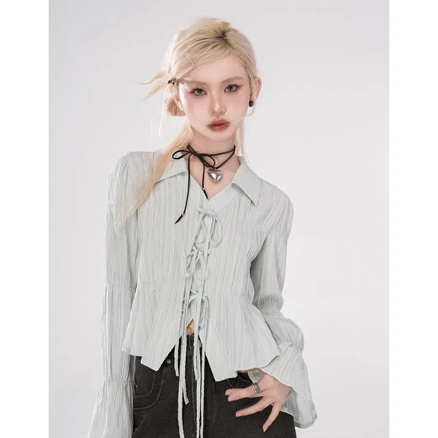 

Women Shirt Flare Sleeve Solid Crop Top Lapel Collar Office Lady Simple Casual Shirts Lace Up Streetwear Style