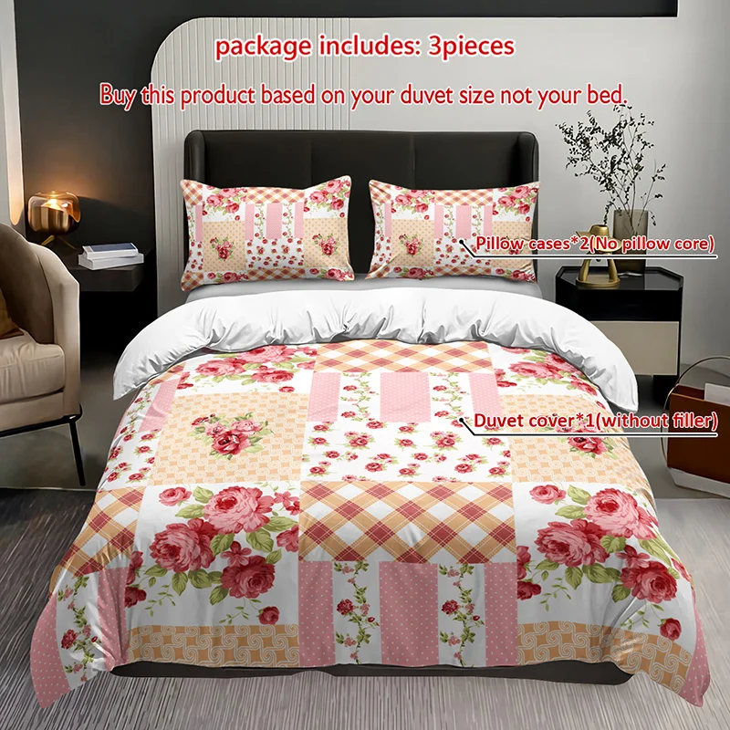 

3pcs Patchwork Rose Floral Bedding Duvet Cover Set Romantic Rose Bedding Quilt Set Floral Themed Bed Quilt Set Farmhouse Style