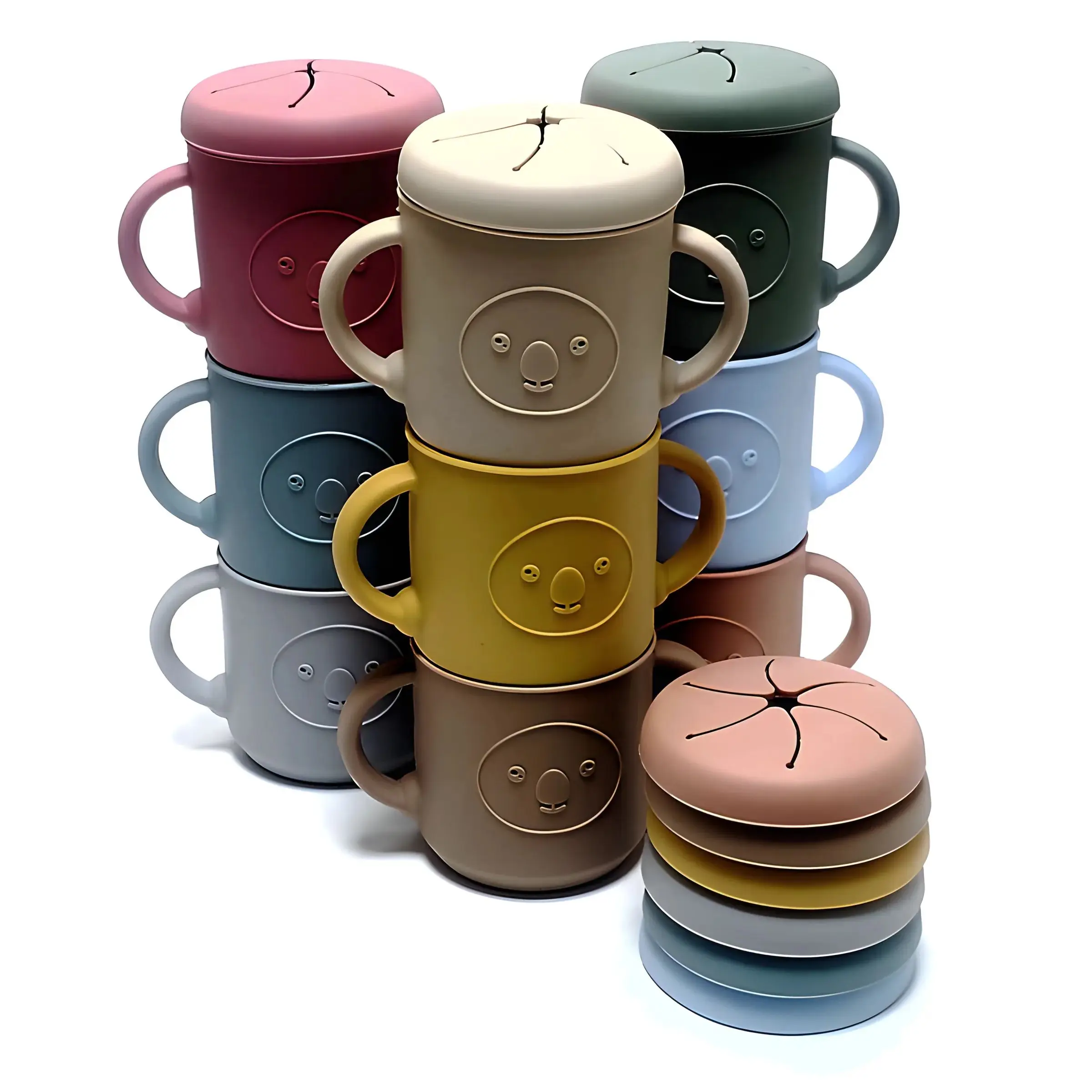 

Silicone Snack Cup with Handle Double Ear Petal Style Opening Baby Snack Box Creative Drinking Mugs