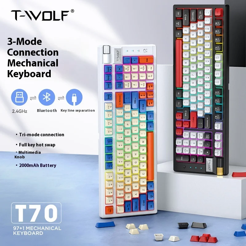 Teclado Mecânico T-WOLF T70 Tri-Modo 97 Teclas Switch Vermelho RGB Sem Fio Bluetooth 2.4G Recarregável para PC Laptop