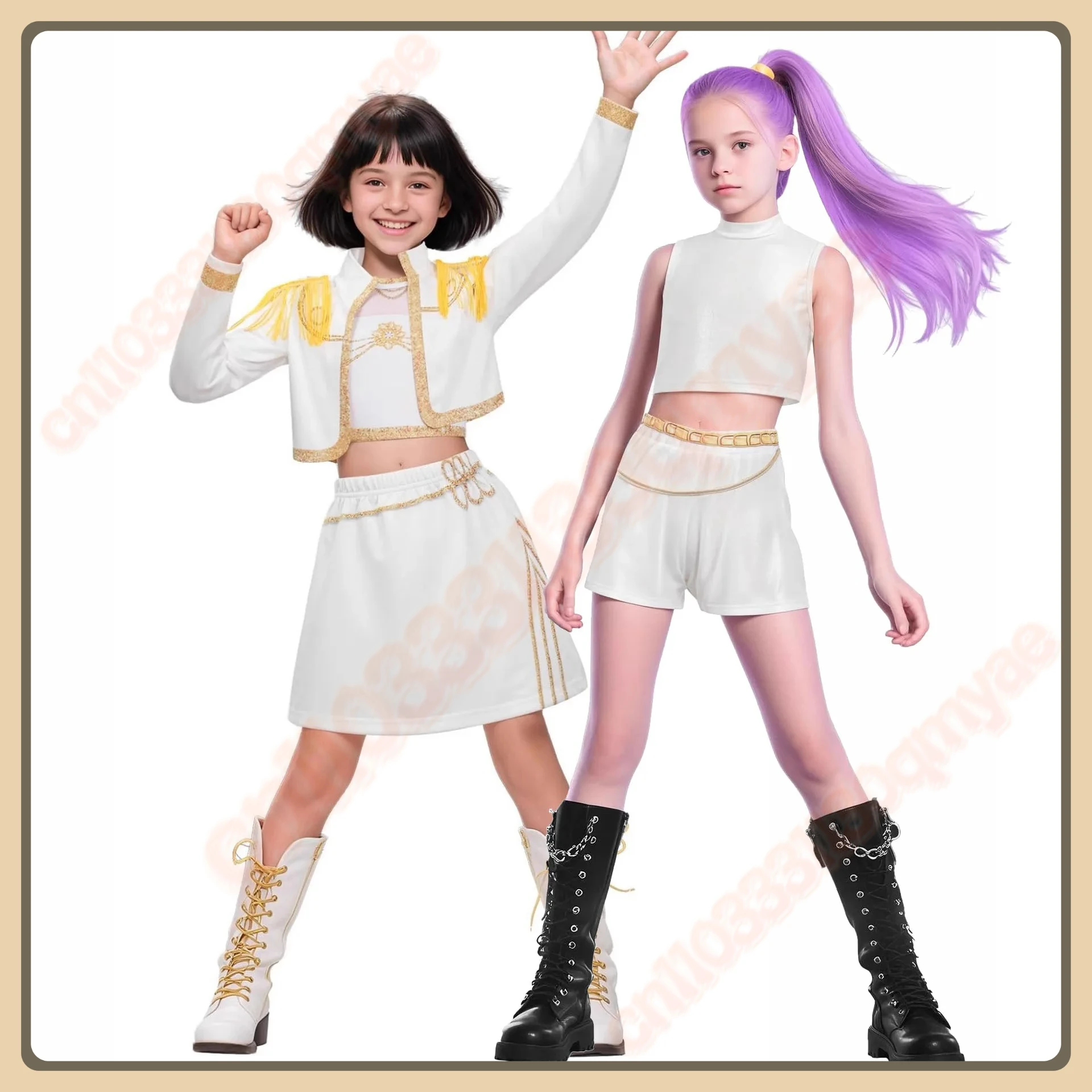 

Kids Girls Rumi Zoey Mira Cosplay Costume Set 3D Print Anime K-pop Demon Hunters Singing Tops Skirt Shorts Child Halloween Party
