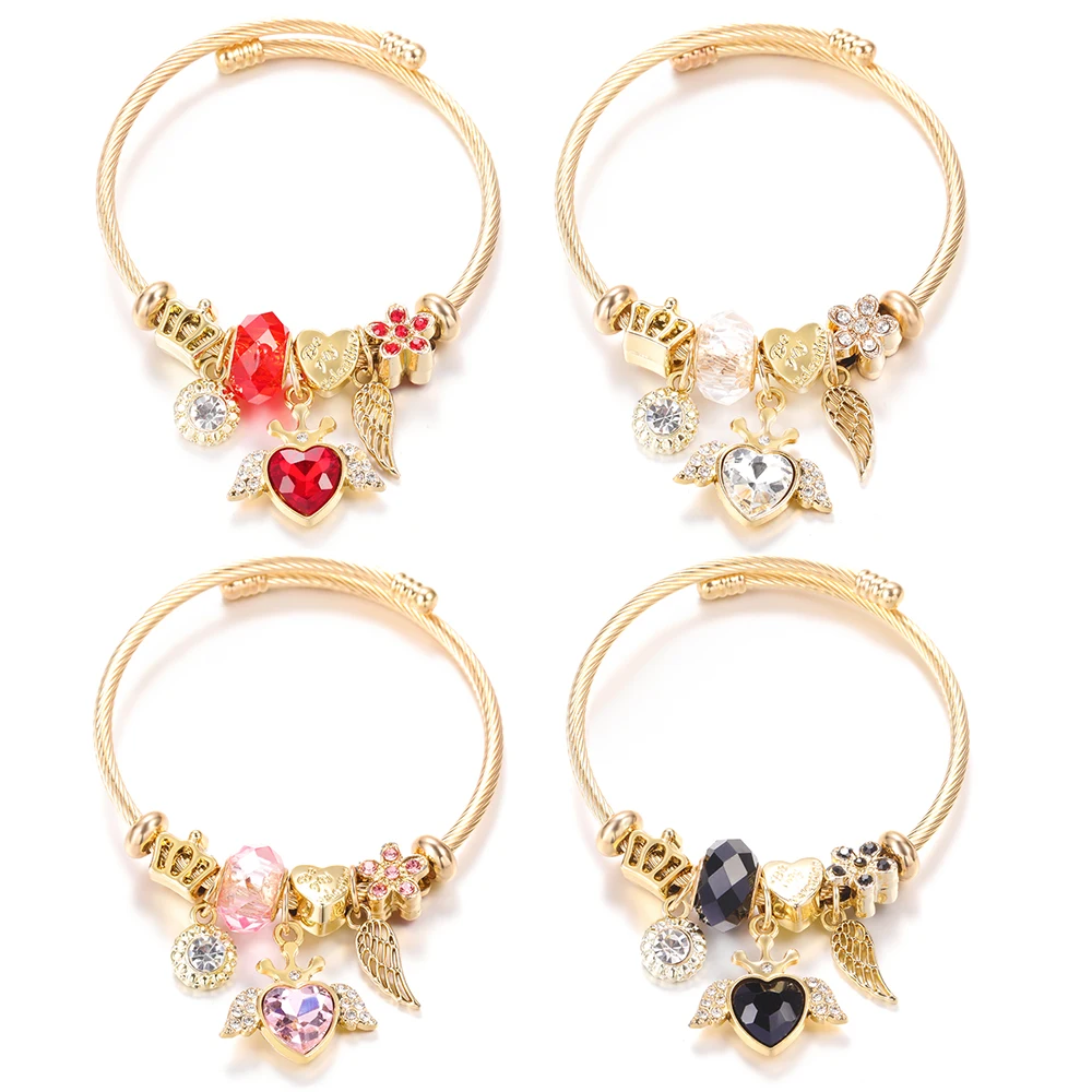 Rhinestone Heart Shaped Angel Wings Pendant Crystal 4 Colors Beaded Bracelet Stainless Steel Closure Bangle Women Trendy Jewelry
