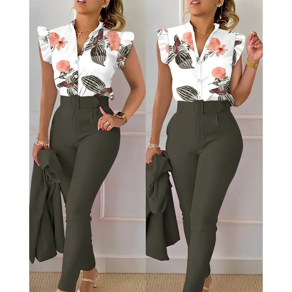 Fashion Printed Lotus Leaf Sleeve Buttons Shirt High Waist Solid Pants Set With Belt Women\'s Elegant Two Piece Set Work Outfits