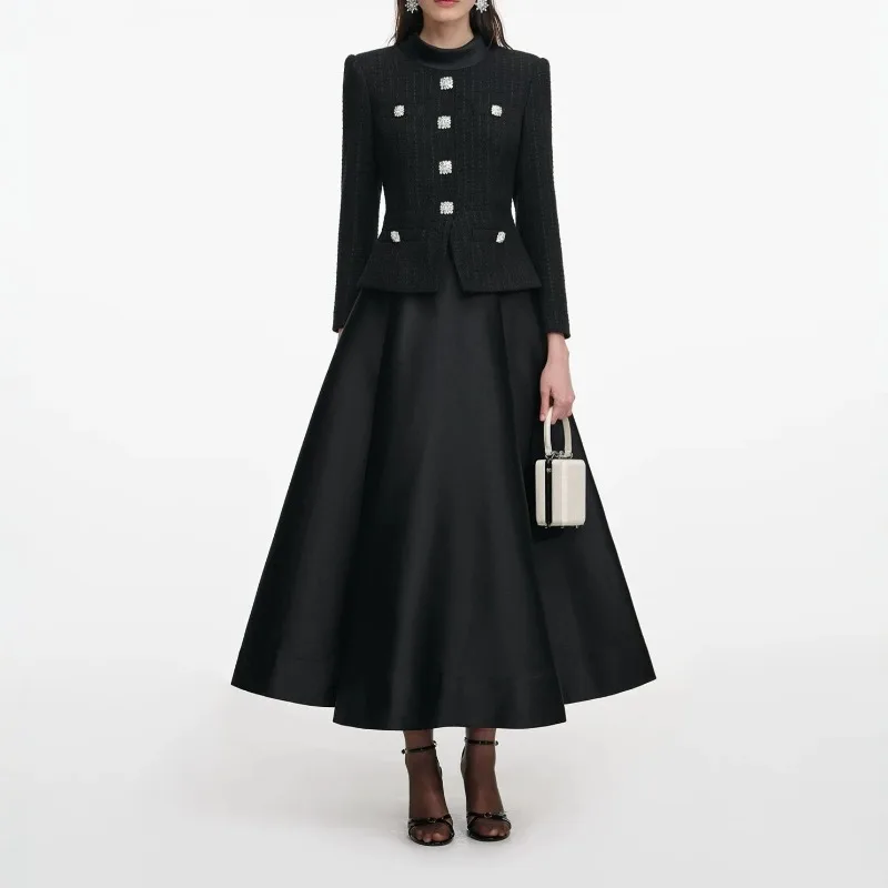 Black Patchwork Long Prty Dress Fake Two Pieces Slim Pleated Skirt Drill Button Tweed Evening Gowns Spring Elegant Women's Dress