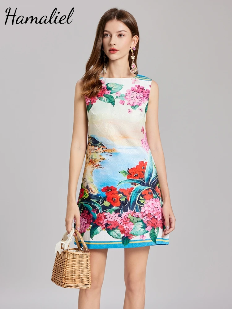 新しい夏休みアジサイの花ジャカードベストドレス女性のノースリーブタンクジッパー花柄 A ラインミニビーチ Vestidos