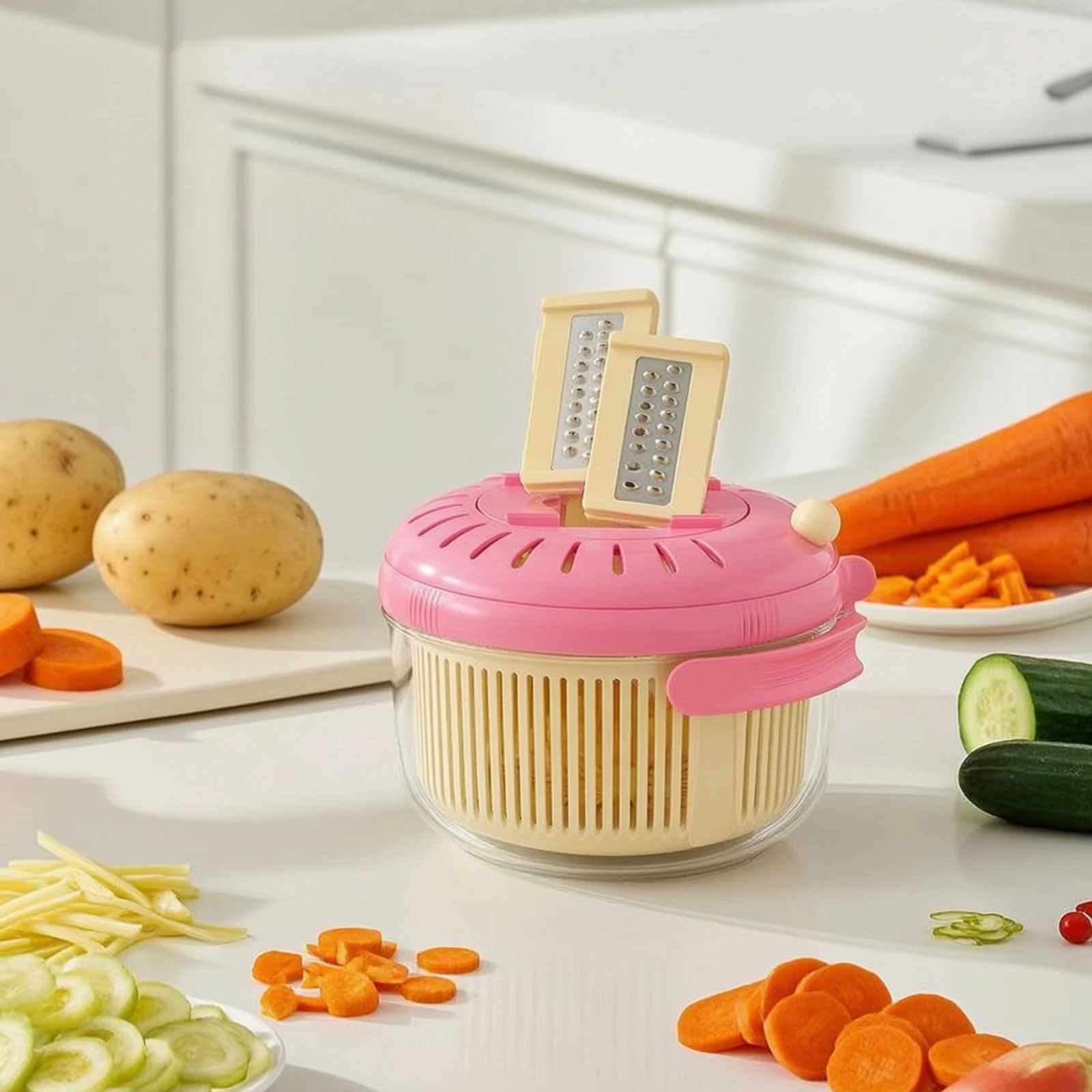 Vegetable Cutter with Strainer Interchangeable Multi Blade Kitchen Grater Vegetable Chopper with Finger Guard Multifunctional