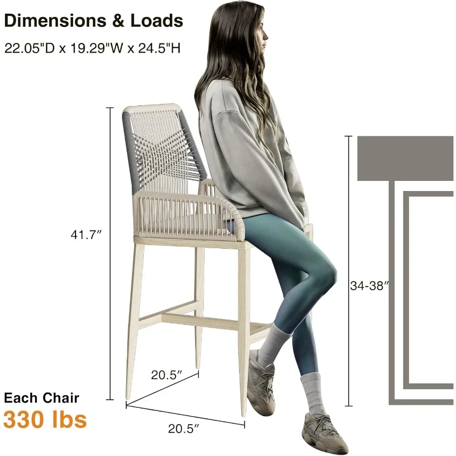 Outdoor Bar Stools Set of 2 Aluminum Rattan Counter Height Bar Stools with Removable Cushion Boho Style Barstools for Patio Kit