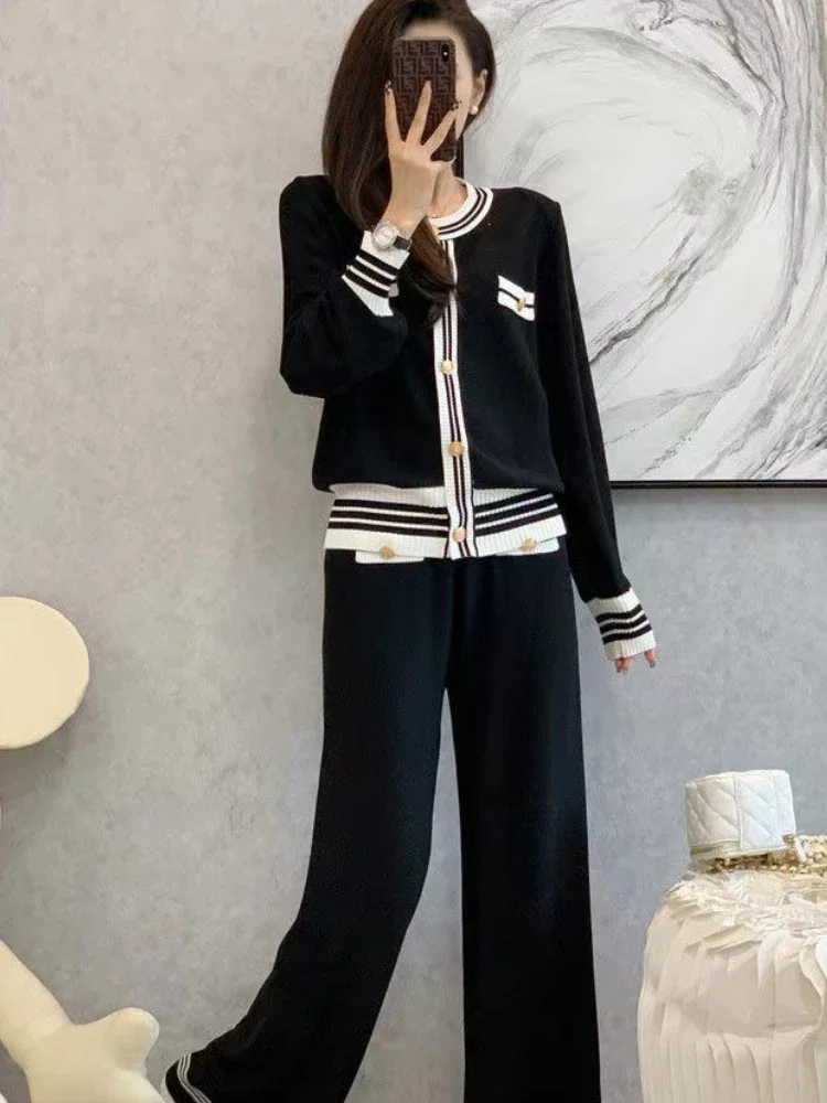 Autumn/Winter Casual Two Piece Sets Single Breasted Stripes Patchwork Knitted Cardigan Sweater and Wide Leg Pants Female Suit