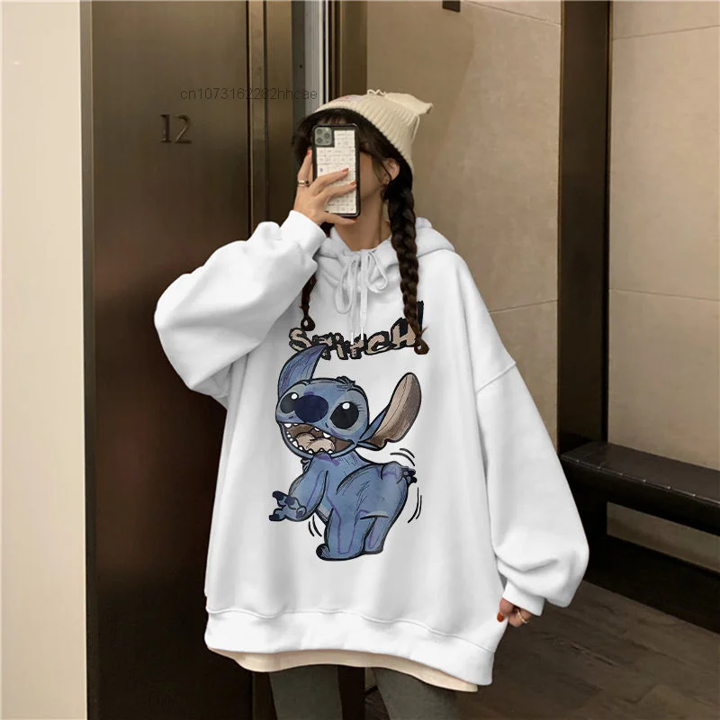 Disney Stitch Cartoon Printed Thick Hooded Hoodie For Female Man Harajuku Fashion Grunge Hip Hop Pullover Top 90s Vintage Clothe