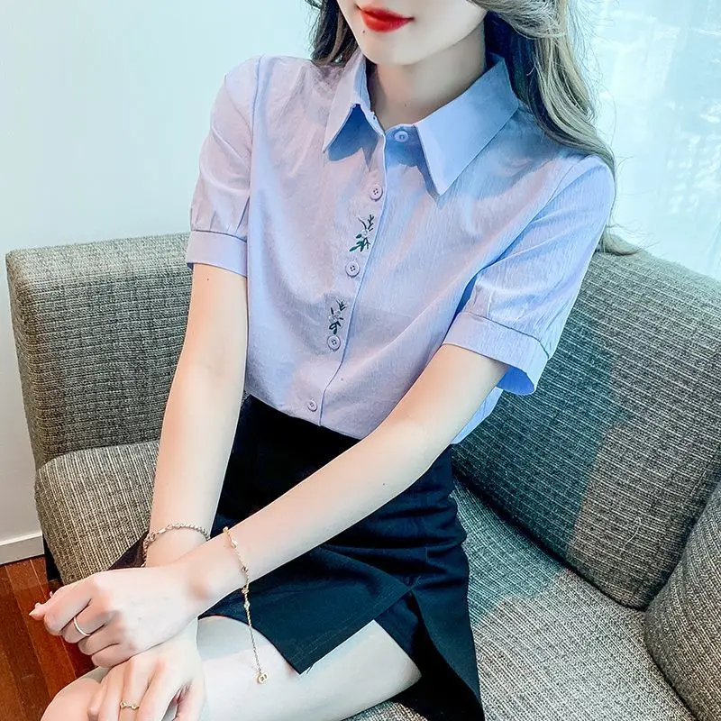 Simplicity Commute Summer New Blouses Women\'s Solid Color Spliced Polo Neck Button Loose Retro Embroidered Short Sleeve Shirts