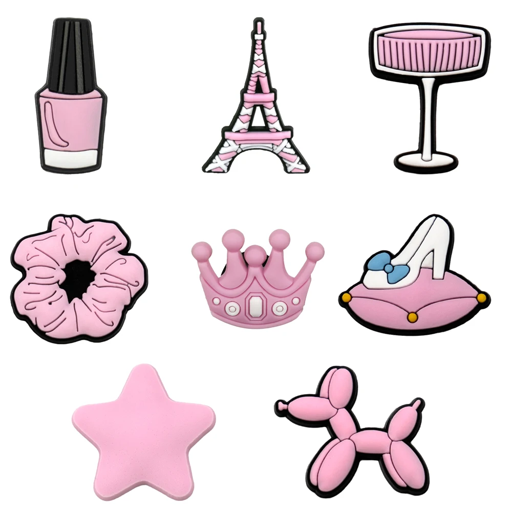 8 pçs encantos de sapato rosa coroa balão cão estrela sapato acessórios pinos para tamancos feminino menina moda rosa sapato decoração jean conjunto