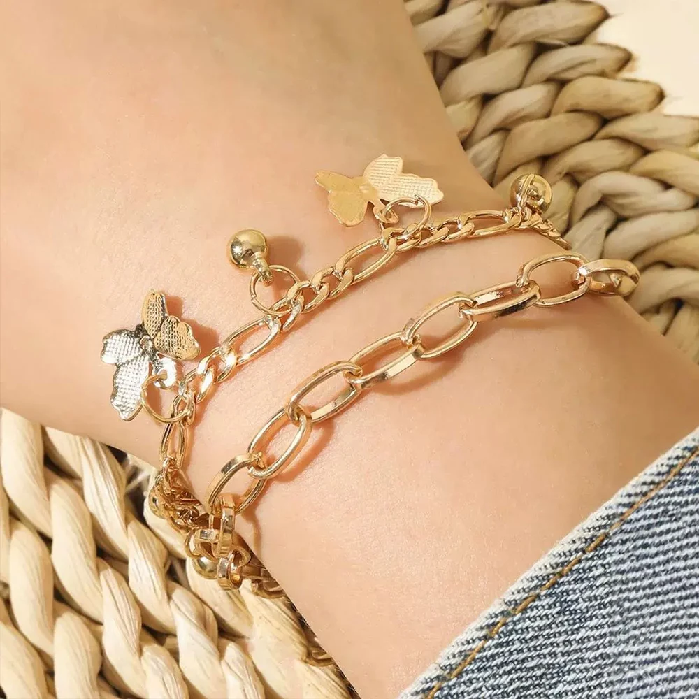 أنيق طبقة مزدوجة فراشة سحر سوار للنساء أزياء جميلة الذهب/الفضة اللون قابل للتعديل سلسلة سوار مجوهرات الحفلات #6