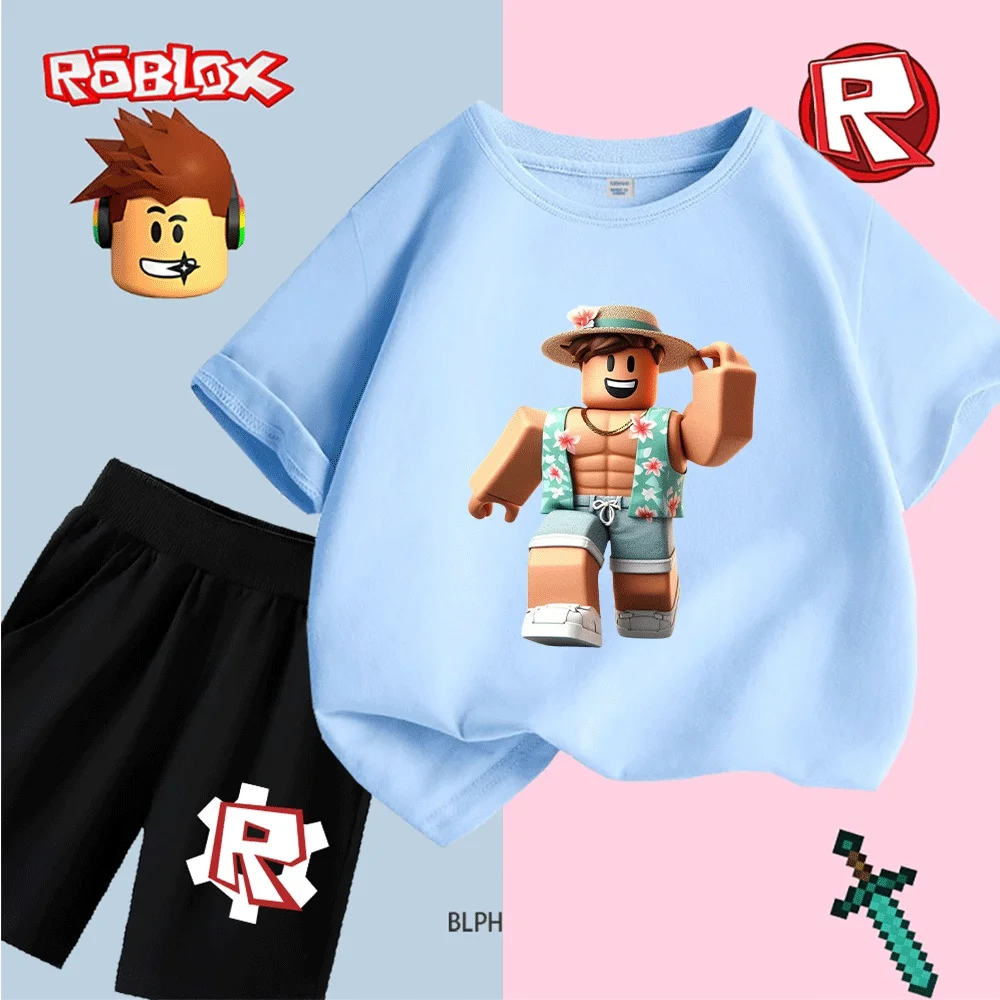

Детский летний комплект в стиле Roblox: футболка, жилет с цветочным принтом, джинсовые шорты и повседневная обувь для активного отдыха