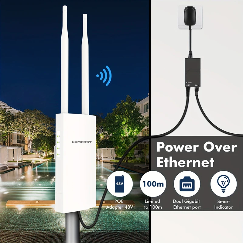COMFAST 1200Mbps Outdoor Wifi Router Wi-Fi Range Extender Wireless AP 2G&5.8G Gigabit R45 Port 48V Access Point IP66 2*5dBi